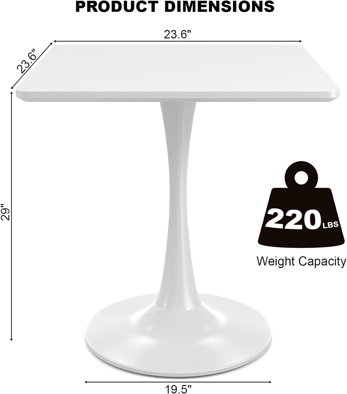 White Square Tulip Table for 2 Person, 24 Inch Small Dining Table with Metal Pedestal Base for Kitchen, Mid Century Modern Table with Round Corners for Living Room, Cafe, Office, Pub, Bar, Bistro - Image 2