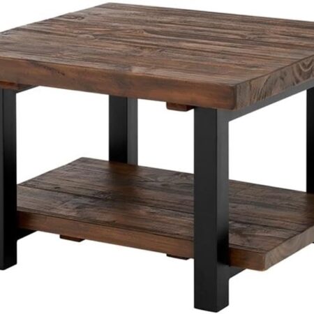 Rustic Natural Cube Coffee Table, Solid Pine Wood with Reclaimed Finish, Industrial Metal Legs, Brown, 27-Inch, Ideal for Living Room,