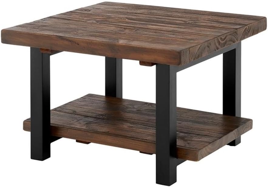 Rustic Natural Cube Coffee Table, Solid Pine Wood with Reclaimed Finish, Industrial Metal Legs, Brown, 27-Inch, Ideal for Living Room,