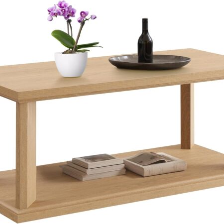 48" Coffee Table, Modern Rectangular Center Table with 2-Tier Storage Shelf, Wooden Coffee Table for Small Space, Living Room, Home Office (Oak)