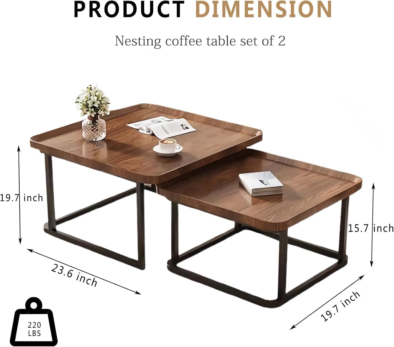 Square Nesting Coffee Table Set of 2, 23.6"+19.7" Nesting Tables,Small Square Coffee Table with Fluted,Center Table for Living Room Bedroom Office Balcony Yard (Walnut) - Image 2