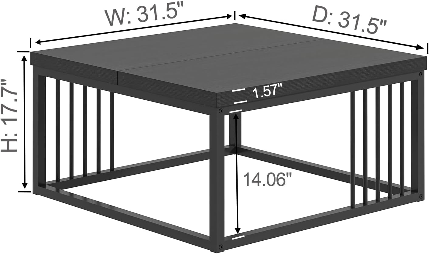 Black Coffee Table, Modern Square Center Table for Living Room, Industrial Rustic Wood and Metal Cocktail Tea Table, 31.5 Inch - Image 2