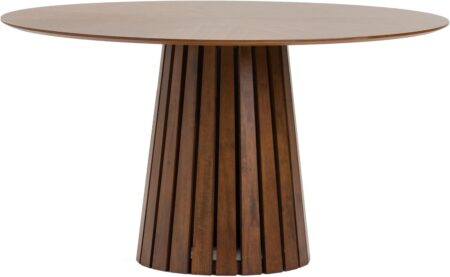 54 Inch Dining Table, Round Walnut Veneer, Slatted Pedestal Base, Brown