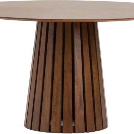54 Inch Dining Table, Round Walnut Veneer, Slatted Pedestal Base, Brown
