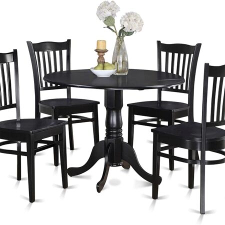 5 Piece Dining Room Table Set Includes a Round Dining Table with Dropleaf and 4 Wood Seat Chairs, 42x42 Inch, Black