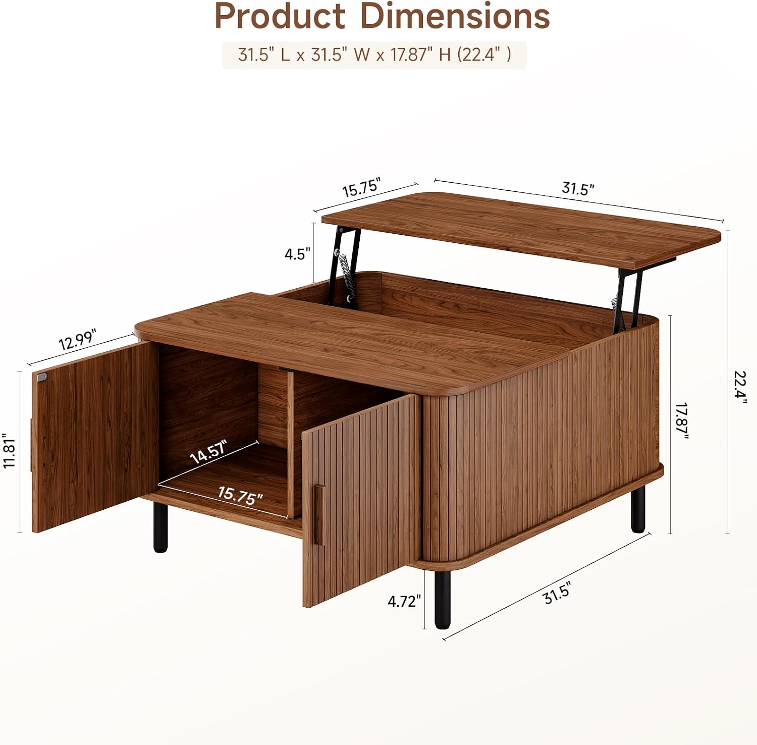 Lift Top Coffee Table, Wood Square Coffee Table with Large Hidden Compartment & Adjustable Footpads, Mid-Century Modern Lift Tabletop Dining Table for Living Room, Home Office - Image 2