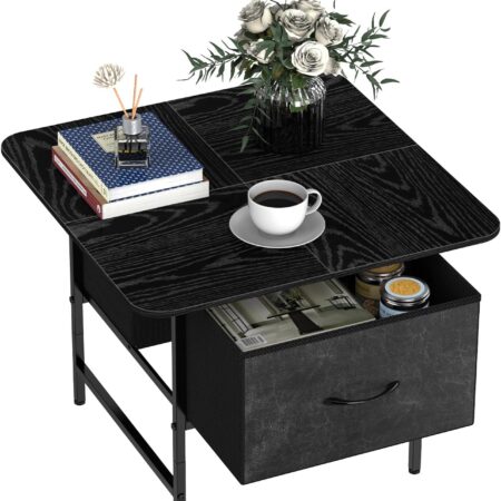 Square Coffee Table with Storage Drawer,Small Black Coffee Tables for Living Room,2-Tier Farmhouse Center Table with Round Corners for Small Space,Apartment,Office