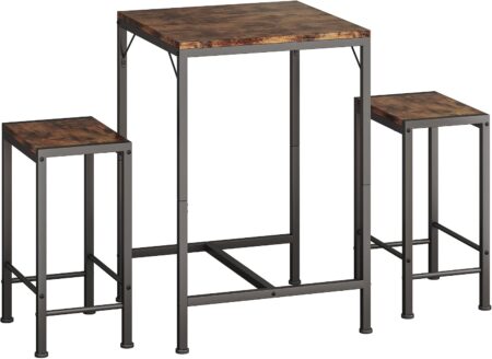 Bar Table and Chairs Set, Square Bar Table with 2 Stools, Space-Saving Dining Pub Set for 2, Perfect for Kitchen, Breakfast Nook, Living Room & Small Spaces, Rustic Brown