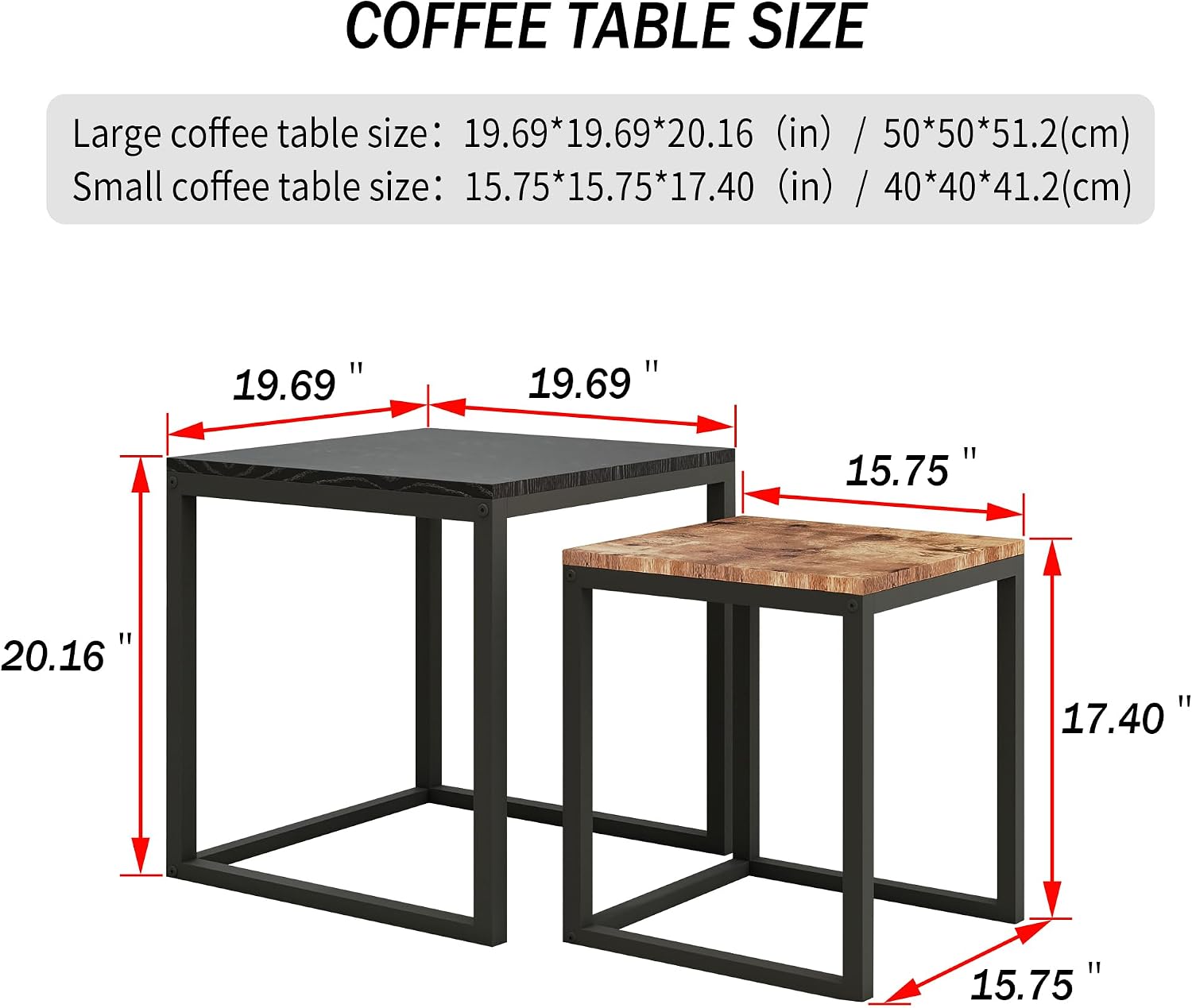 Coffee Table Set of 2, Industrial Square End Table,Modern Stacking Side Tables, Wood Look Accent with Metal Frame for Living Room, Bedroom, Black+Rustic Brown - Image 2