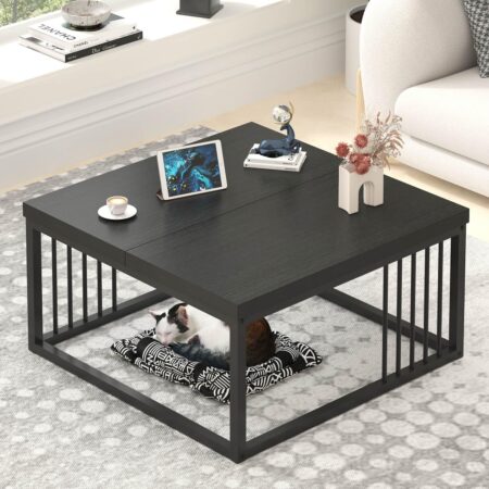 Black Coffee Table, Modern Square Center Table for Living Room, Industrial Rustic Wood and Metal Cocktail Tea Table, 31.5 Inch