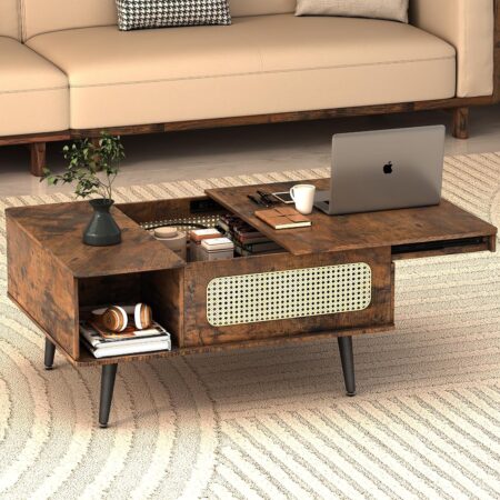 Rustic Brown Rattan Coffee Table with Hidden Storage, 35 x 26 InchesFarmhouse Square Center Table for Living Room