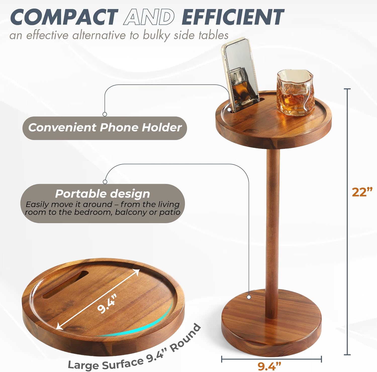 22" Acacia Pedestal Beverage Table with Phone Slot - Image 2