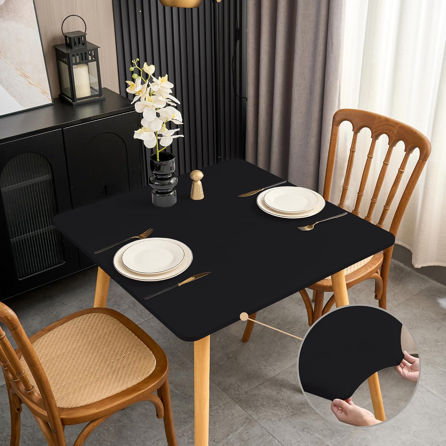 Solid Color Square Tablecloth 48x48 Inch Fitted Patio Coffee Table Cover with Elastic Stretchy Washable Black Fabric Outdoor Table Cloth Wrinkle Free Non Slip