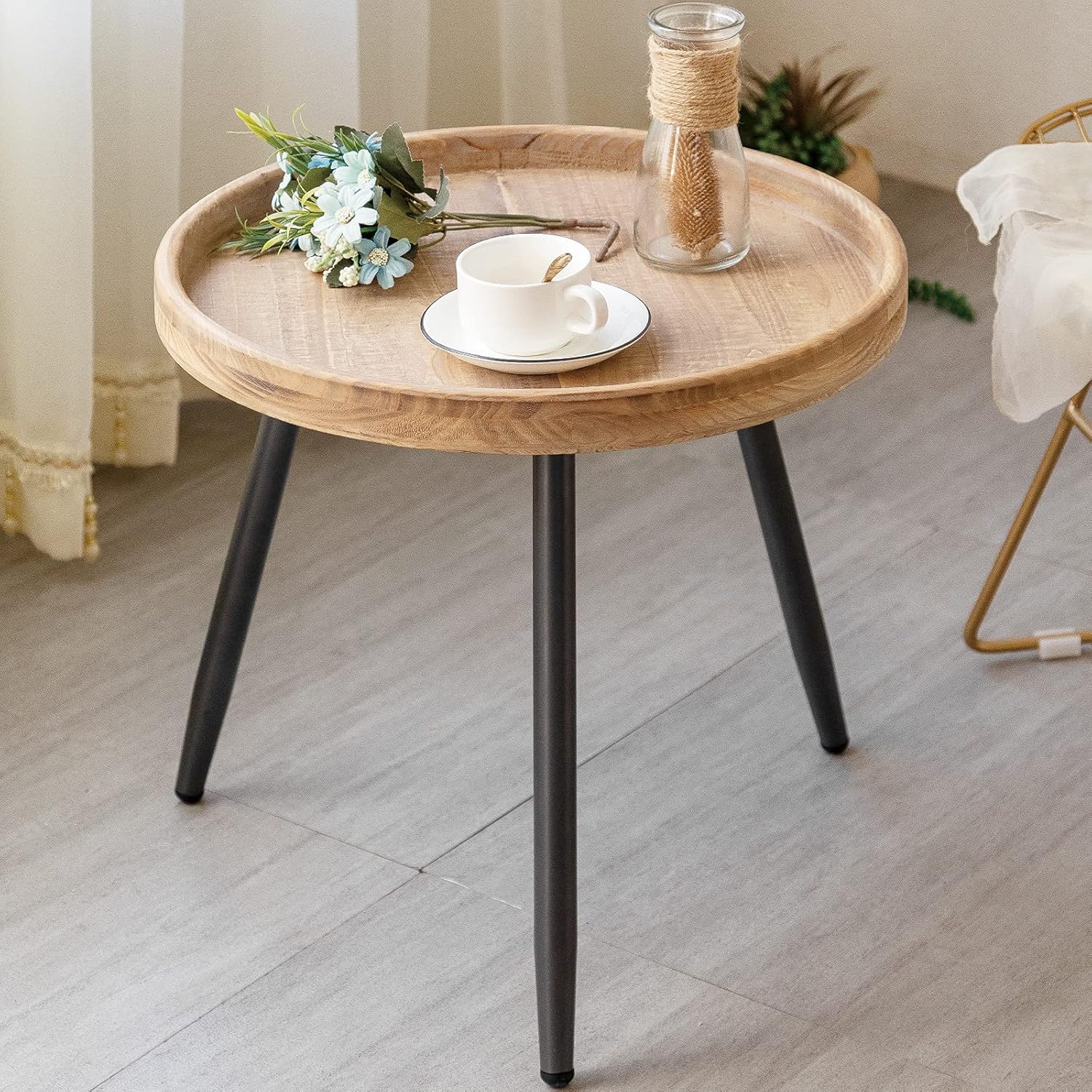 Log-Style Round Side Table with Metal Stand