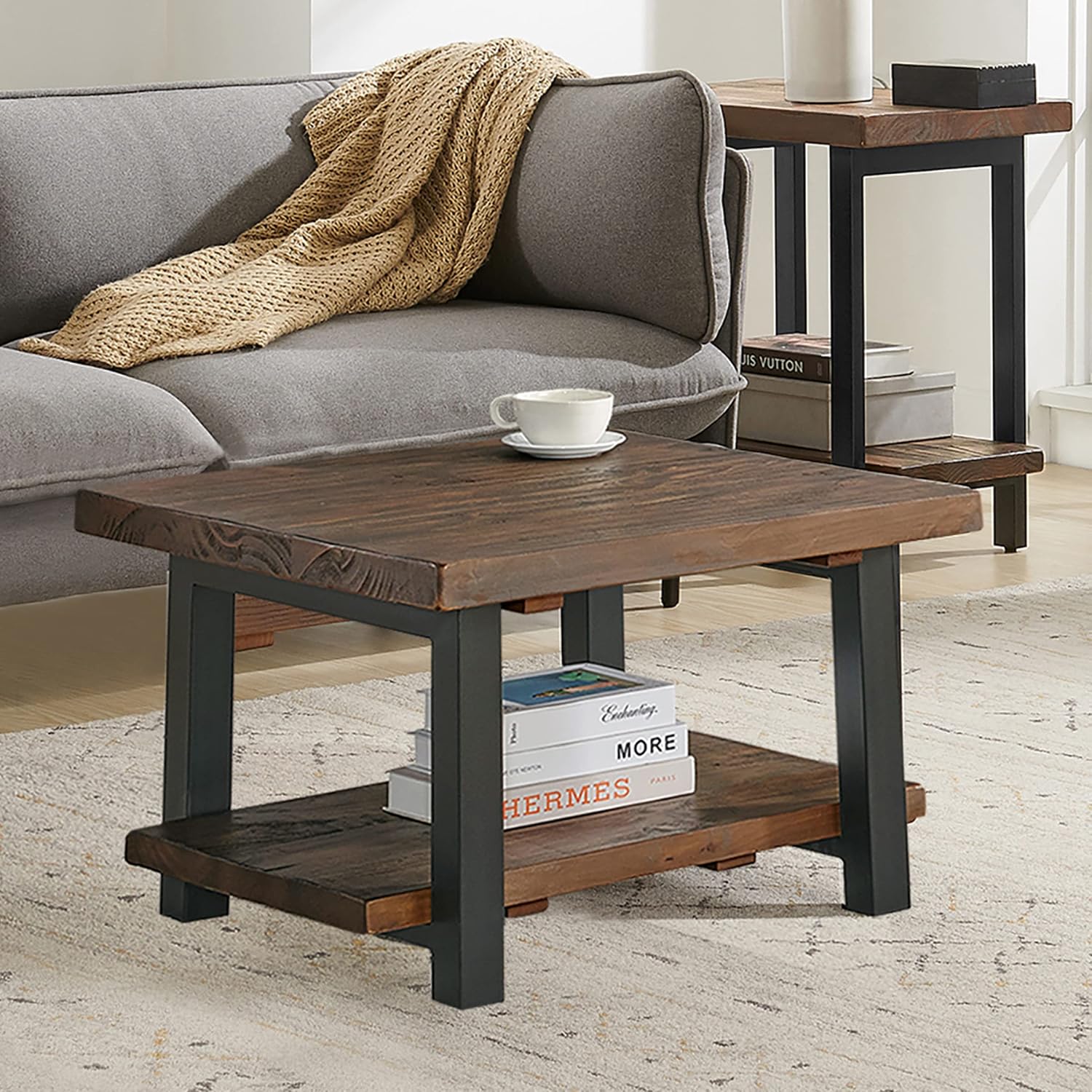 Rustic Natural Cube Coffee Table, Solid Pine Wood with Reclaimed Finish, Industrial Metal Legs, Brown, 27-Inch, Ideal for Living Room, - Image 2