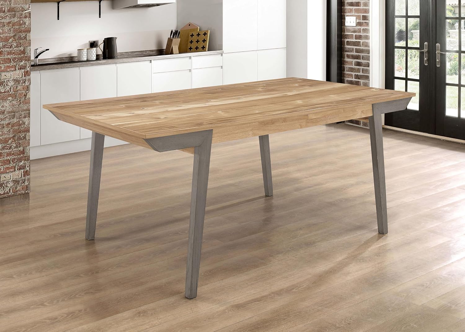 Rectangular Wood Dining Table with Acacia Brown Top, Flared Legs and Two-Tone Color - Dining Room and Home Kitchen - 71-Inch - Coastal Gray - - Image 2