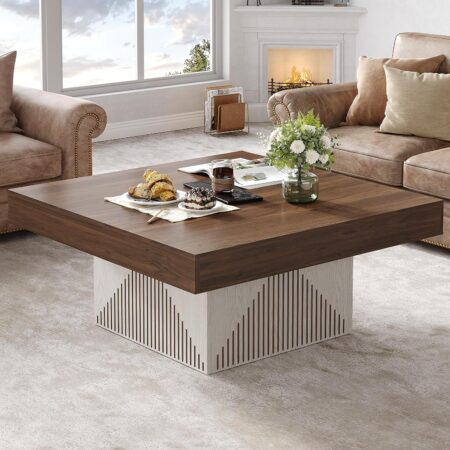 Coffee Table, Square Coffee Table with LED, Wood Low Coffee Table for Living Room, Center Table for Living Room, Natural Wood Grain - Rustic Brown+White