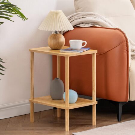 Two-Tier Side Table with Solid Wood Legs, Natural