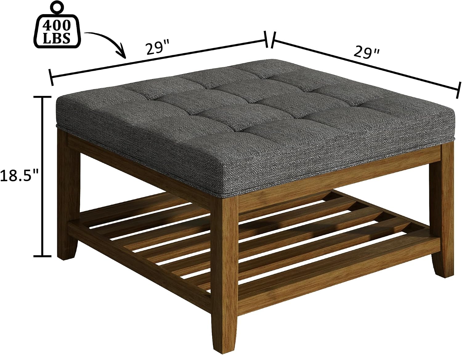 Large Square Ottoman Coffee Table, Linen Solid Upholstered Footrest Ottoman with Solid Wood Shelf Storage Tufted Coffee Table for Bedroom Living Room, Granite - Image 2