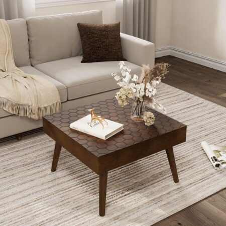 24 Inch Square Coffee Table, Mid-Century Wood Square Table, Farmhouse Living Room Table with Honeycomb Pattern, Modern Coffee Table for Dining Reception Room Bedroom, Brown