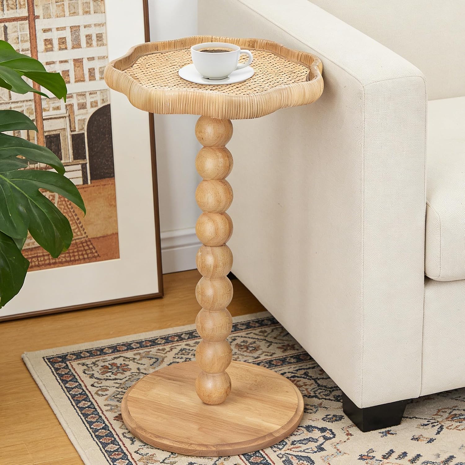 Rattan Flower Side Table, Solid Wood