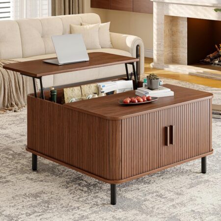 Lift Top Coffee Table, Wood Square Coffee Table with Large Hidden Compartment & Adjustable Footpads, Mid-Century Modern Lift Tabletop Dining Table for Living Room, Home Office