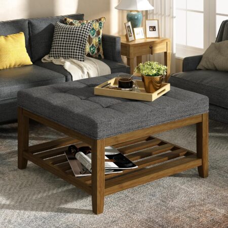 Large Square Ottoman Coffee Table, Linen Solid Upholstered Footrest Ottoman with Solid Wood Shelf Storage Tufted Coffee Table for Bedroom Living Room, Granite
