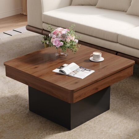 Mid Century Modern Coffee Table, 30.7'' Engineered Wood Farmhouse Square, Scandinavian Minimalist Center Table for Living Room, Walnut & Black