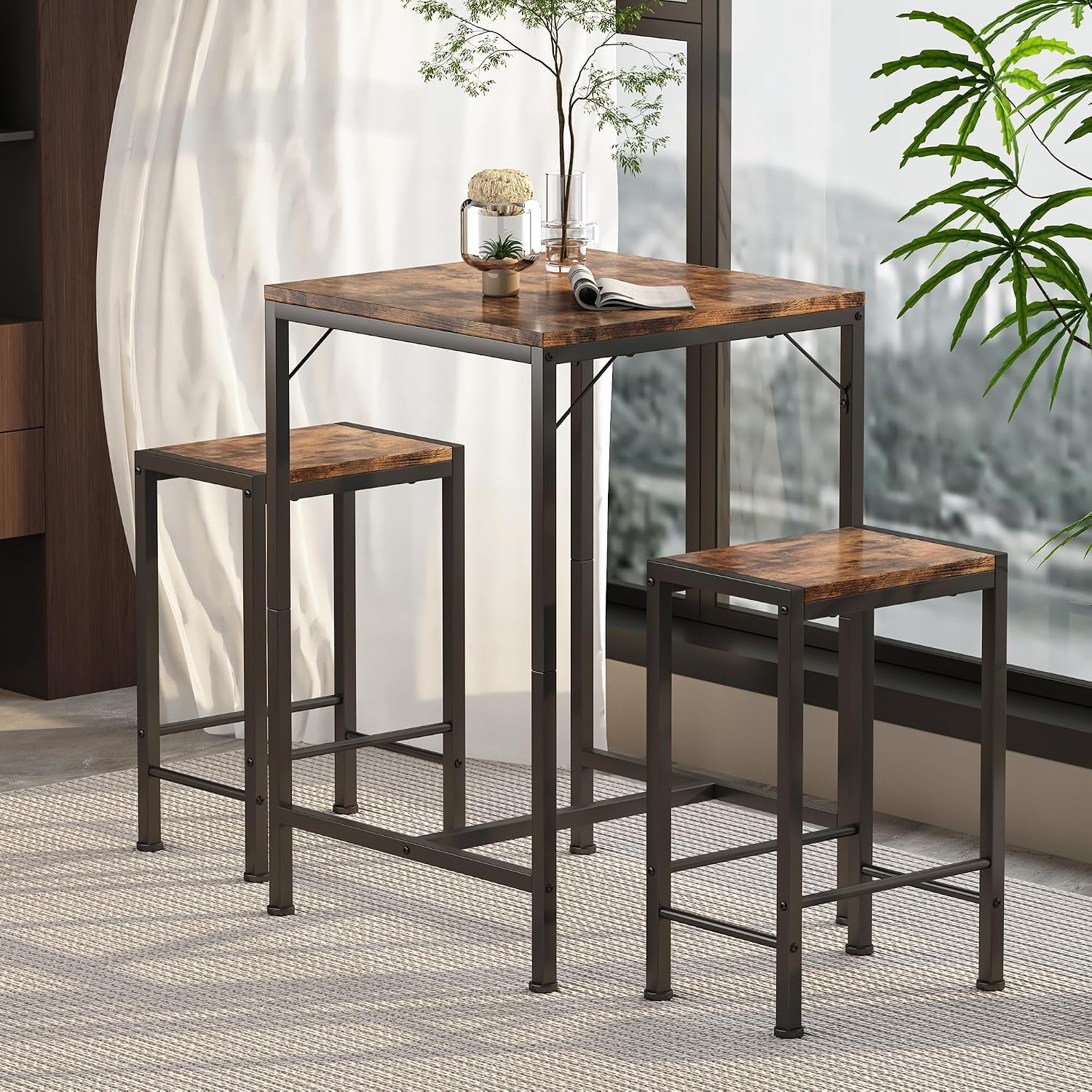 Bar Table and Chairs Set, Square Bar Table with 2 Stools, Space-Saving Dining Pub Set for 2, Perfect for Kitchen, Breakfast Nook, Living Room & Small Spaces, Rustic Brown - Image 2