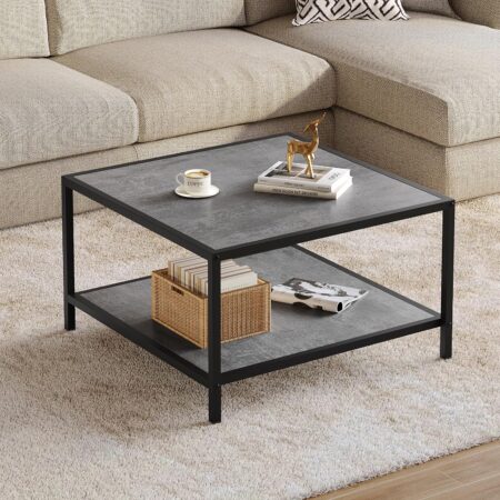 Coffee Table for Living Room, Square Modern Coffee Tables with Storage, 2 Tier Small Farmhouse Center Table for Office Apartment Home, Gray Wood Tabletop, Easy Assembly