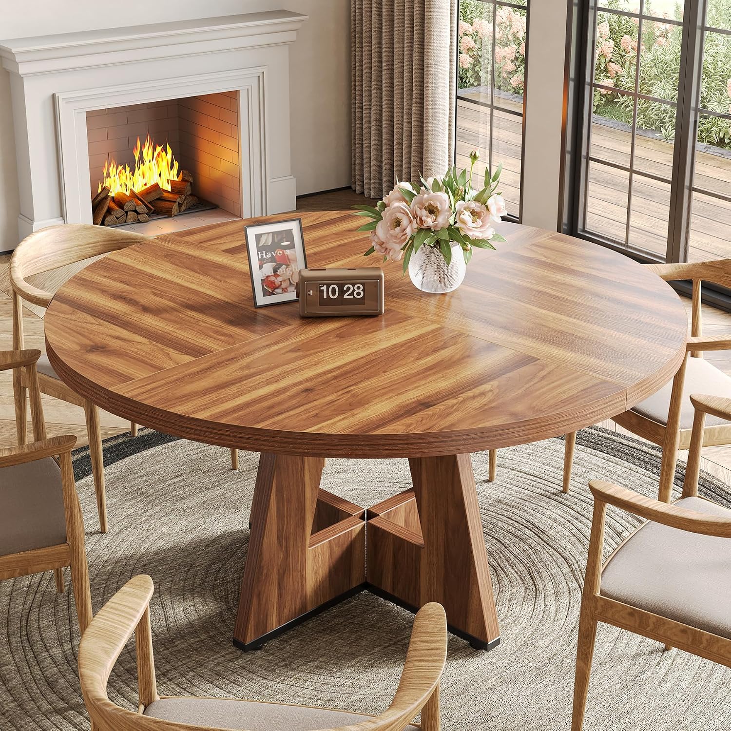 Round Dining Table for 4-6 People, 47 Inches Dining Room Table with Wooden Pedestal Base, Brown Dinner Tables, Circle Kitchen Tables for Dining Room, Kitchen, Living Room(Table Only) - Image 2