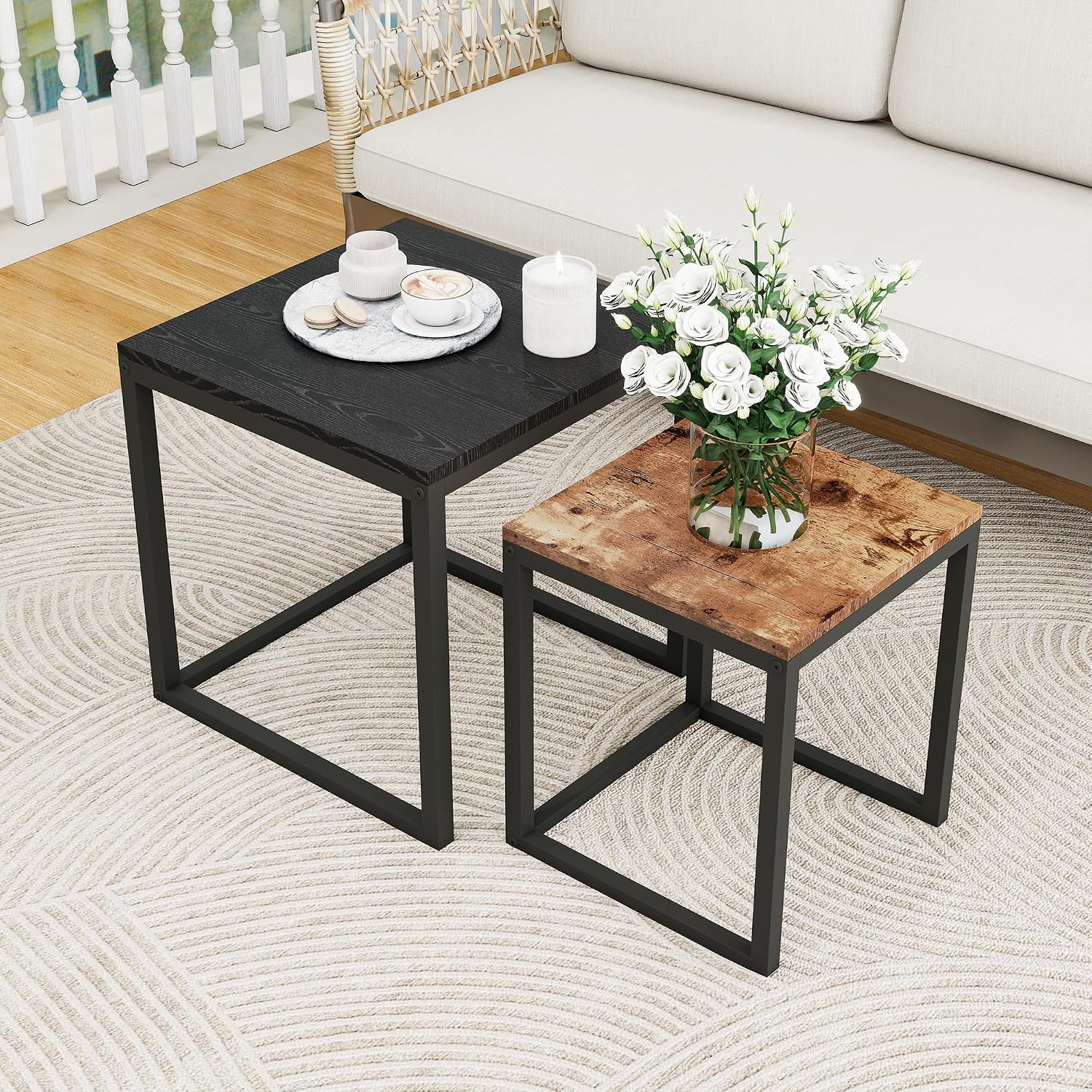 Coffee Table Set of 2, Industrial Square End Table,Modern Stacking Side Tables, Wood Look Accent with Metal Frame for Living Room, Bedroom, Black+Rustic Brown