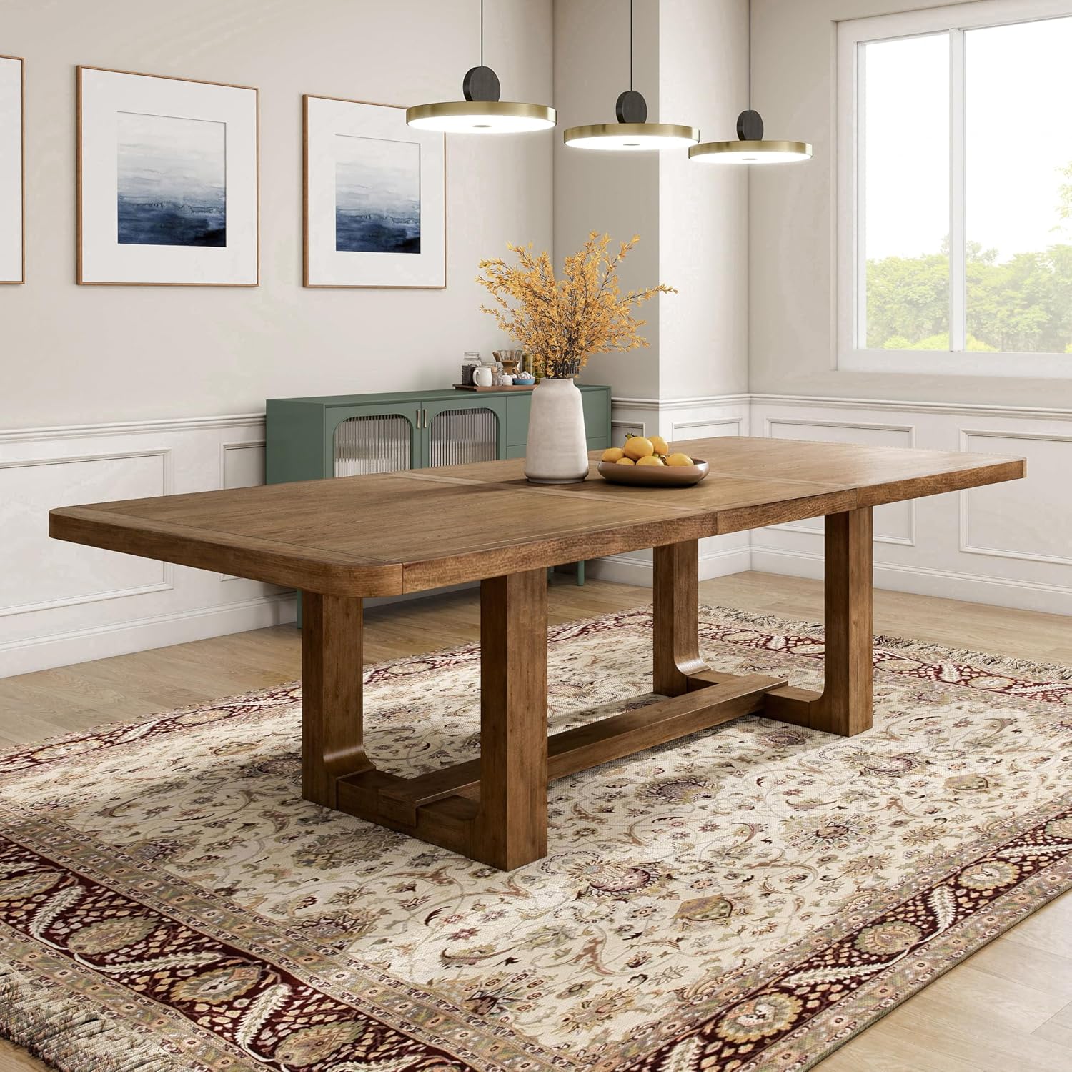 Solid Wood 84 to 108-inch Rectangular Dining Table with 24-inch Extendable Leaf and Trestle Base, Seat up to 8 for Home Kitchen, Dinettes, Chestnut