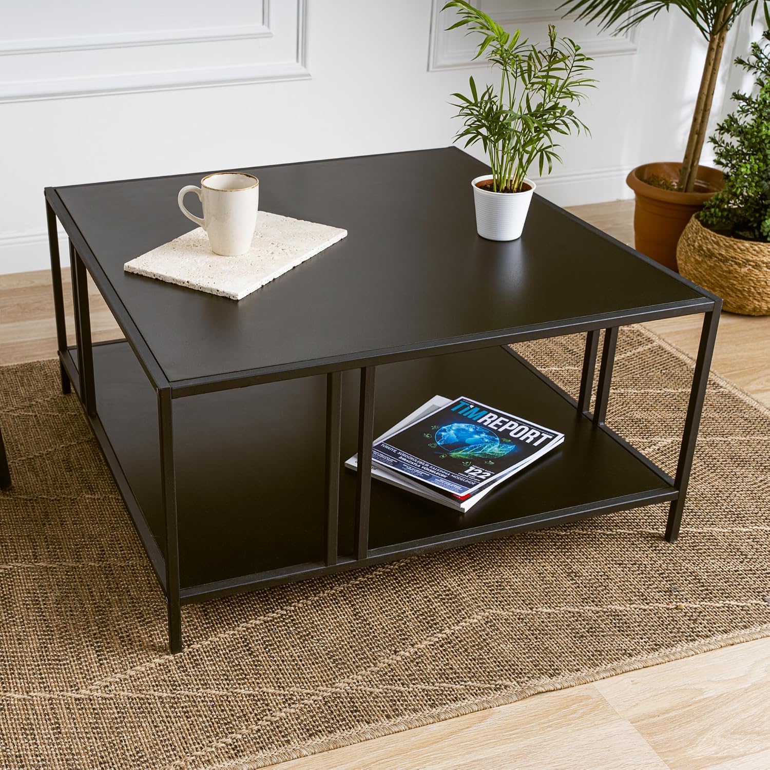 2 Tiers Black Coffee Table - A Modern Living Room Piece for Home Office, Easy Assembly, 31.5” Square Center Table with Black Tabletop and Storage Shelf